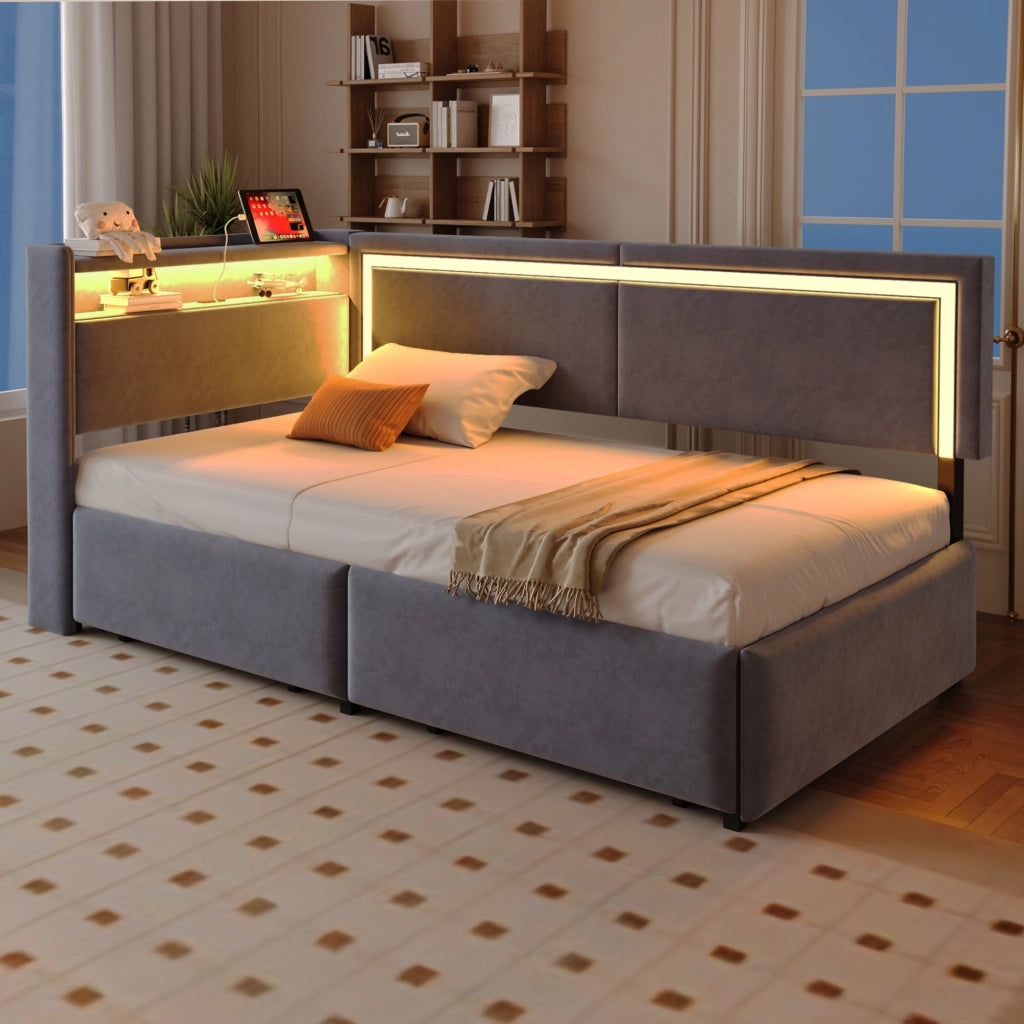 OKWISH Letto Divano 90×200 cm, Letto Singolo con LED Regolabile, USB, Tipo C e Cassetto Contenitore, senza Materasso, Velluto, Grigio