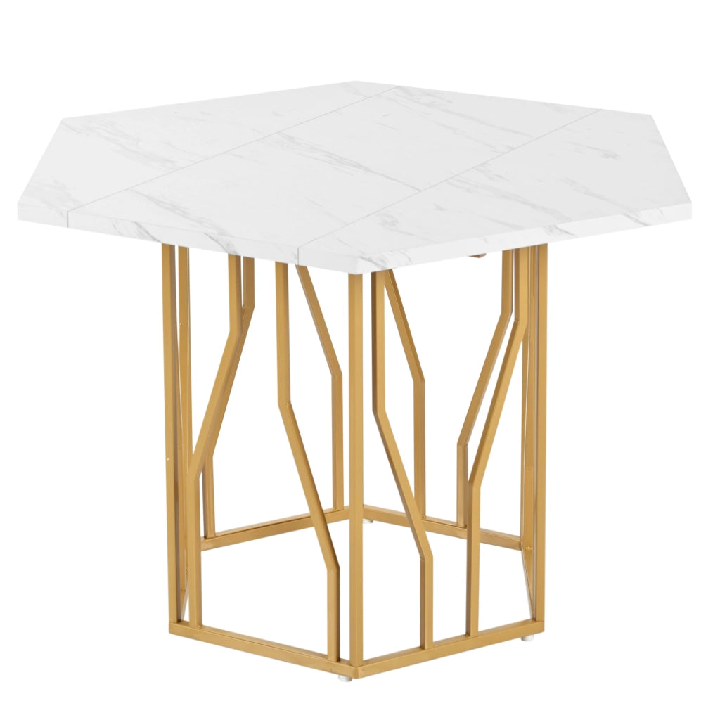Tavolo moderno esagonale con piano effetto marmo, struttura in metallo dorato, bianco e oro