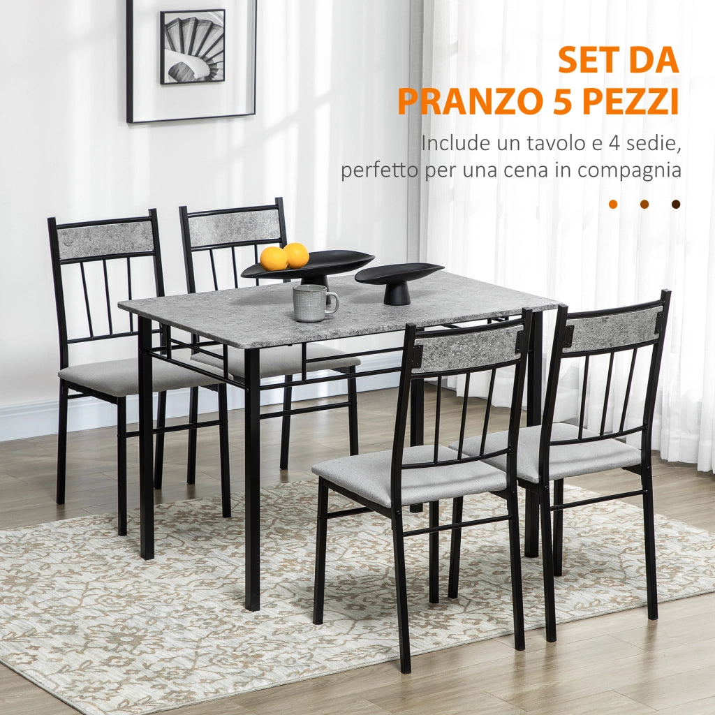 Set Tavolo e Sedie 5pz, Tavolo da Pranzo Rettangolare in Metallo e MDF e 4 Sedie da Pranzo Grigio e Nero