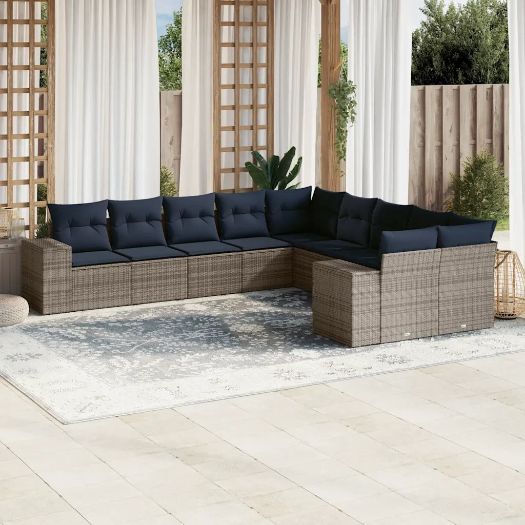 Set Divani da Giardino 10 pz con Cuscini Grigio in Polyrattan 3223110