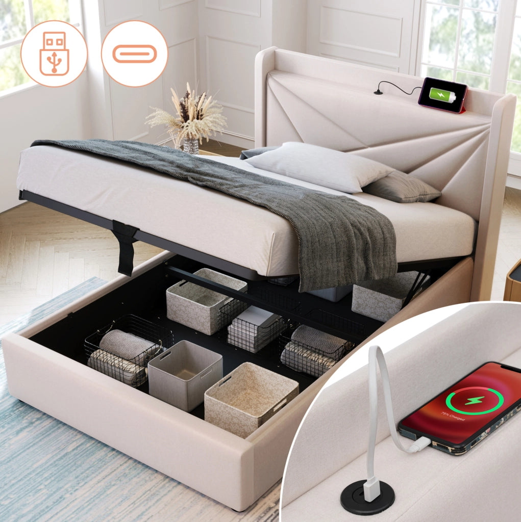 Letto contenitore 90x200 cm con USB e USB C; testiera imbottita; beige