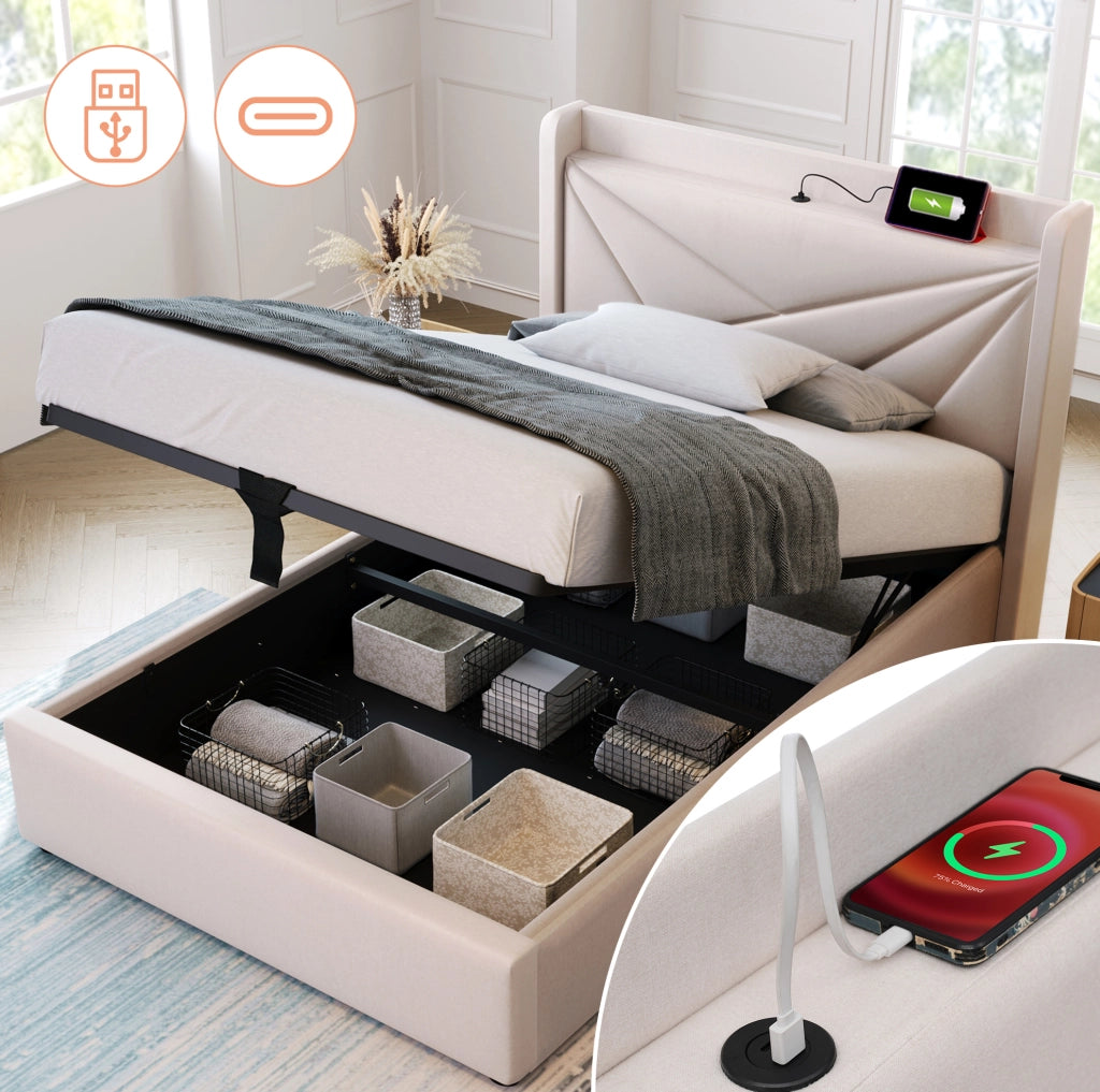 Letto contenitore 90x200 cm con USB e USB C; testiera imbottita; beige