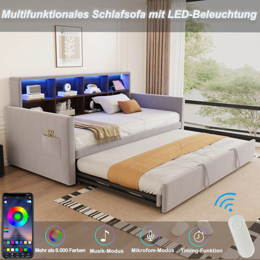 Letto imbottito estraibile 90x190 cm con LED e prese, grigio chiaro