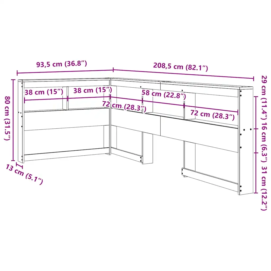 Testiera libreria a L-Testata contenitore 75 cm in Legno Massello di Pino