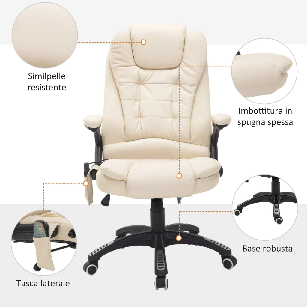 Poltrona Massaggiante da Ufficio Elettrica Reclinabile ¨C zephmum ¨C Beige, Similpelle, 62x68x111-121 cm