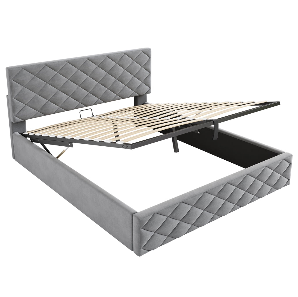 Letto imbottito matrimoniale con contenitore e sollevamento idraulico 140x200 cm; velluto grigio