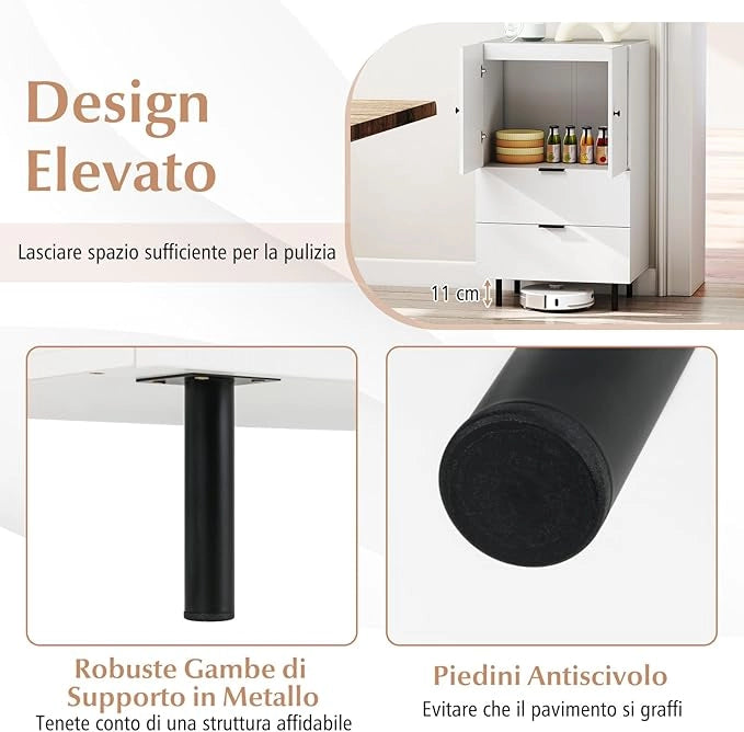 Credenza da Cucina, Armadio a 2 Ante con Cassetti e Mobile Contenitore, Mobile Cucina da Pavimento con Gambe in Metallo per Soggiorno e Appartamento, 60 x 41,5 x 102 cm (Bianco)