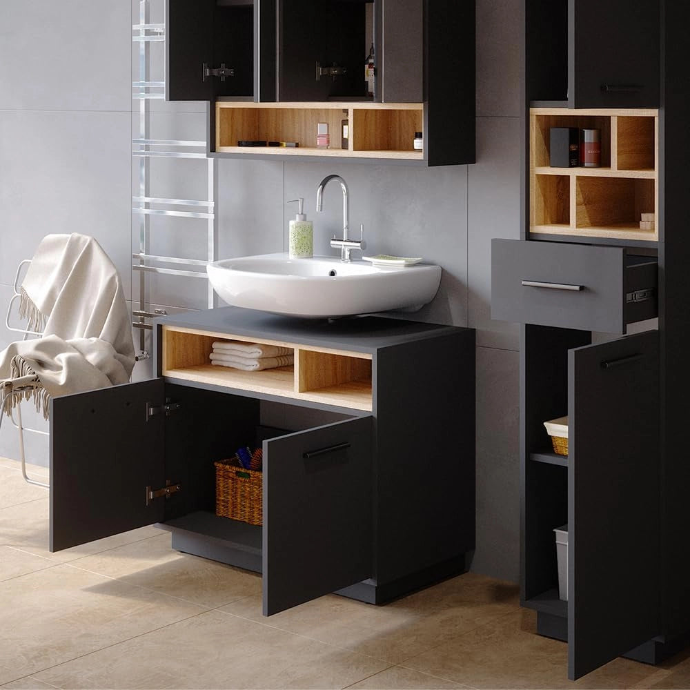 Mobile sottolavabo per bagno Beatrice, Antracite, 80 x 64 cm, con ritaglio per sifone e ripiani aperti