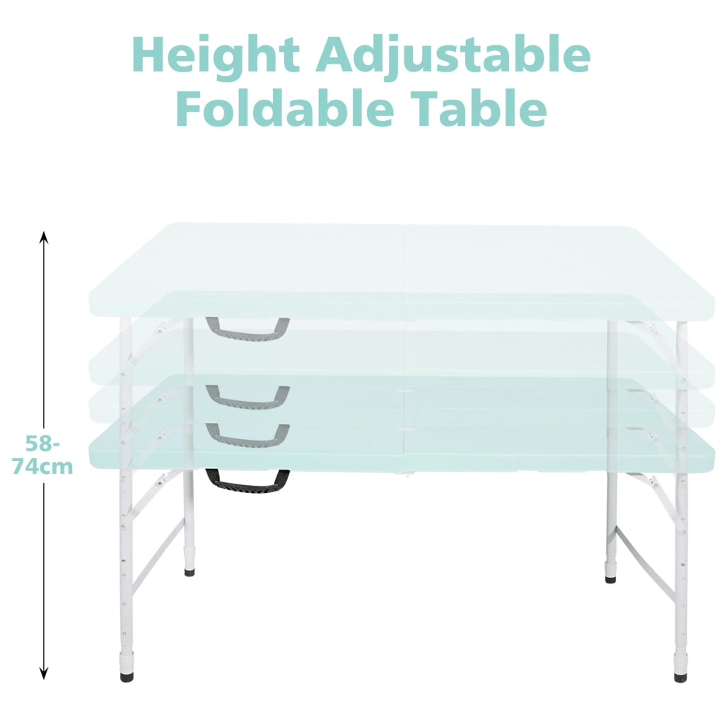 Tavolo pieghevole portatile 125 x 61 cm regolabile in altezza; plastica e ferro; blu