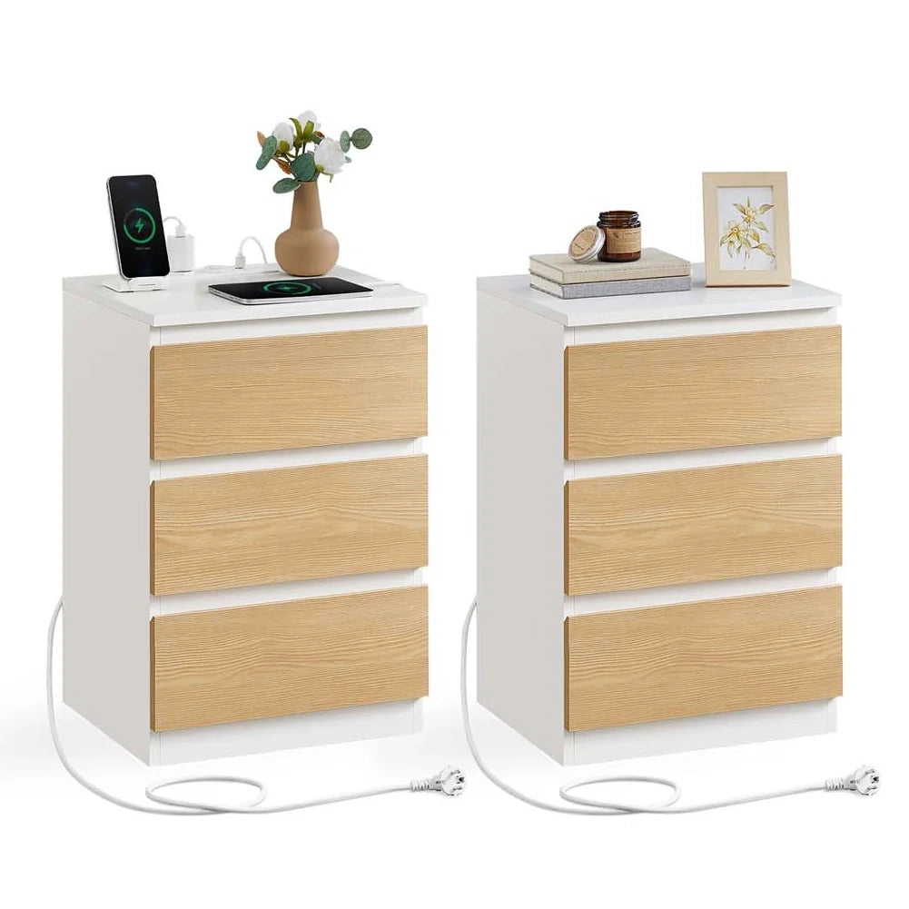 Comodino con multipresa tavolino con 3 cassetti 2 prese CA 2 porte USB frontali dei cassetti smussati per soggiorno camera da letto ufficio beige moderno 12_0007615