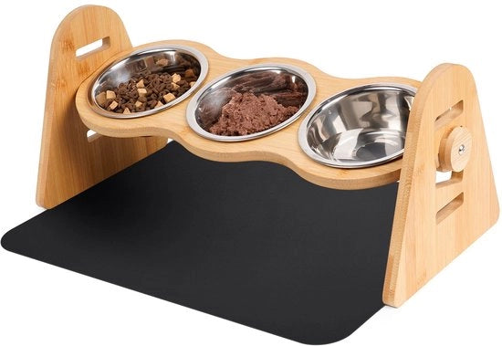 Polveriera per cani o gatti, regolabile in altezza, 4 posizioni, 300 ml per ciotola, separazione di umido e secco, pannello in bambù, ciotola per cibo secco, ciotola per cibo umido, ciotola per acqua, con piatto per sotto il contenitore.