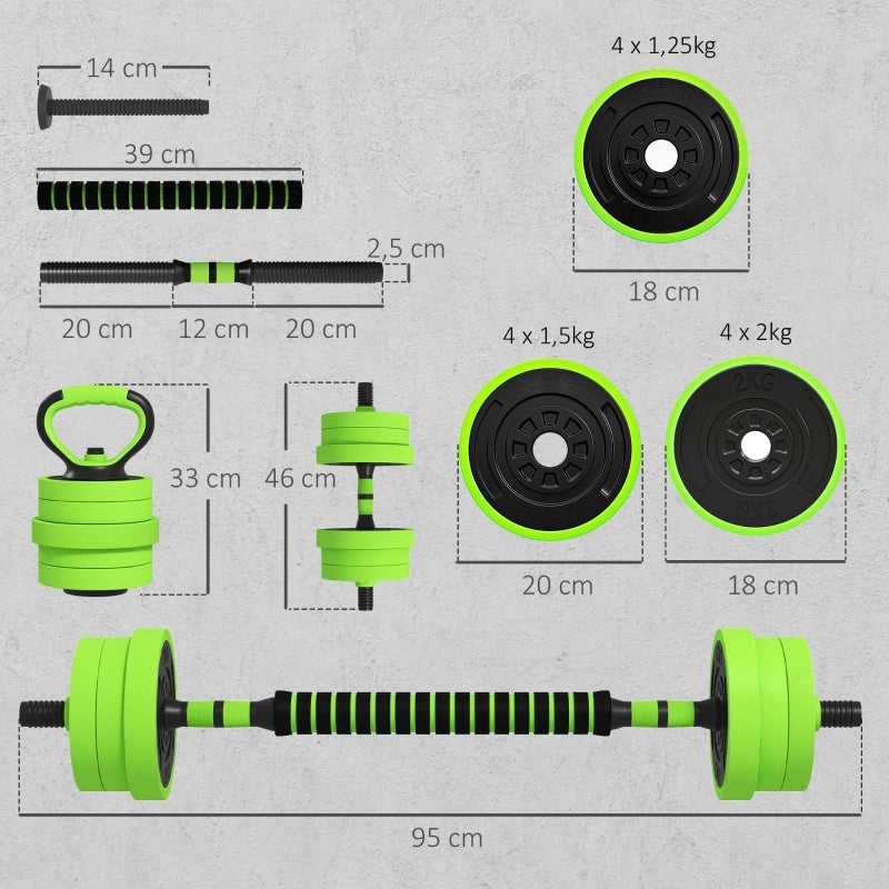 Set di manubri 4 in 1 da 20 kg con manubri regolabili, bilanciere, kettlebell e maniglie per flessioni, colore verde.