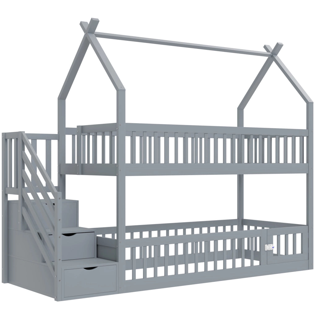 Letto a castello per bambini 90x200 cm in legno massiccio con tetto, scala con cassetti e design salvaspazio