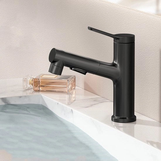 Kraan per bagno con spruzzatore estensibile con un maniglione moderno per lavandino con chiusura automatica e tappo di scarico - apertura 32-42mm - 3 fori - mat black