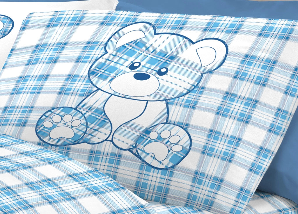Completo Lenzuola Linea Pensieri Delicati 100% Cotone Orsetto Tartan Primavera - Piazza E Mezza - Azzurro
