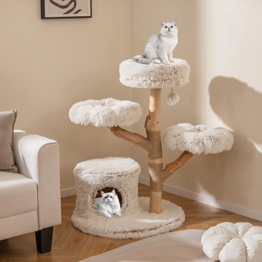 Torre per gattini in legno alta 102 CM con condominio 2 piattaforme a forma di fiore trespolo, Moderno albero per gatti Bianco