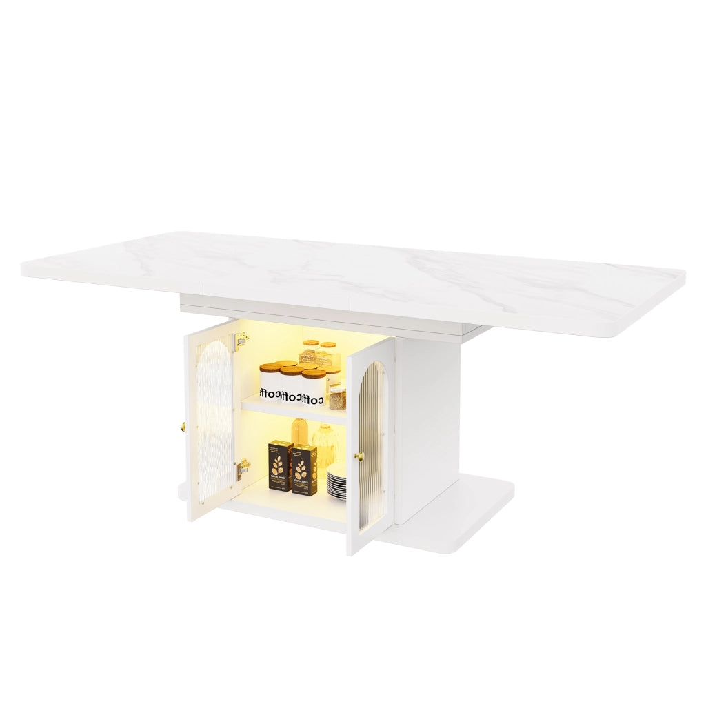 Tavolo da pranzo allungabile 150/200 cm con LED e vano contenitore, bianco, per 6–8 persone