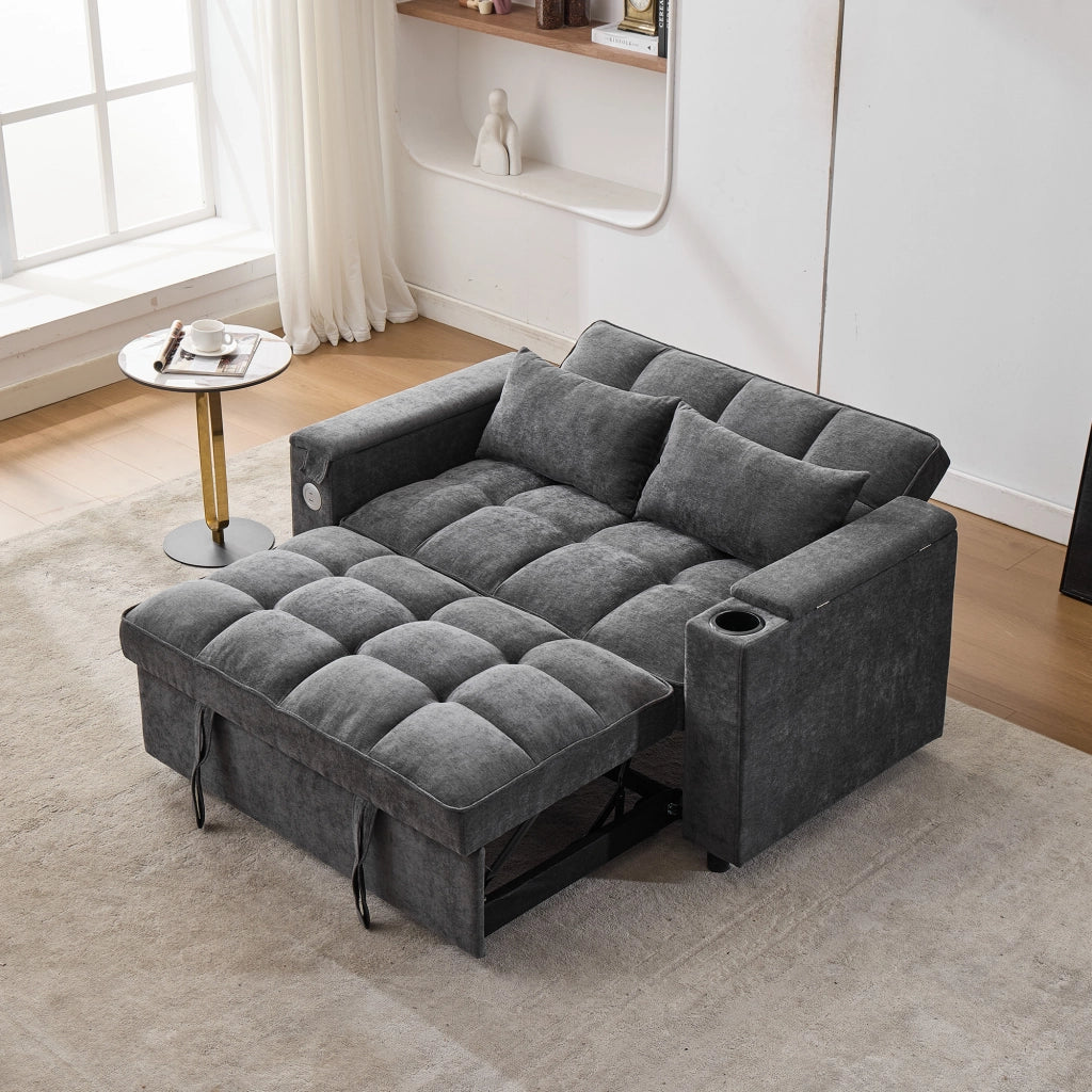 Divano letto pieghevole 3-in-1 grigio con schienale regolabile, USB e vano contenitore