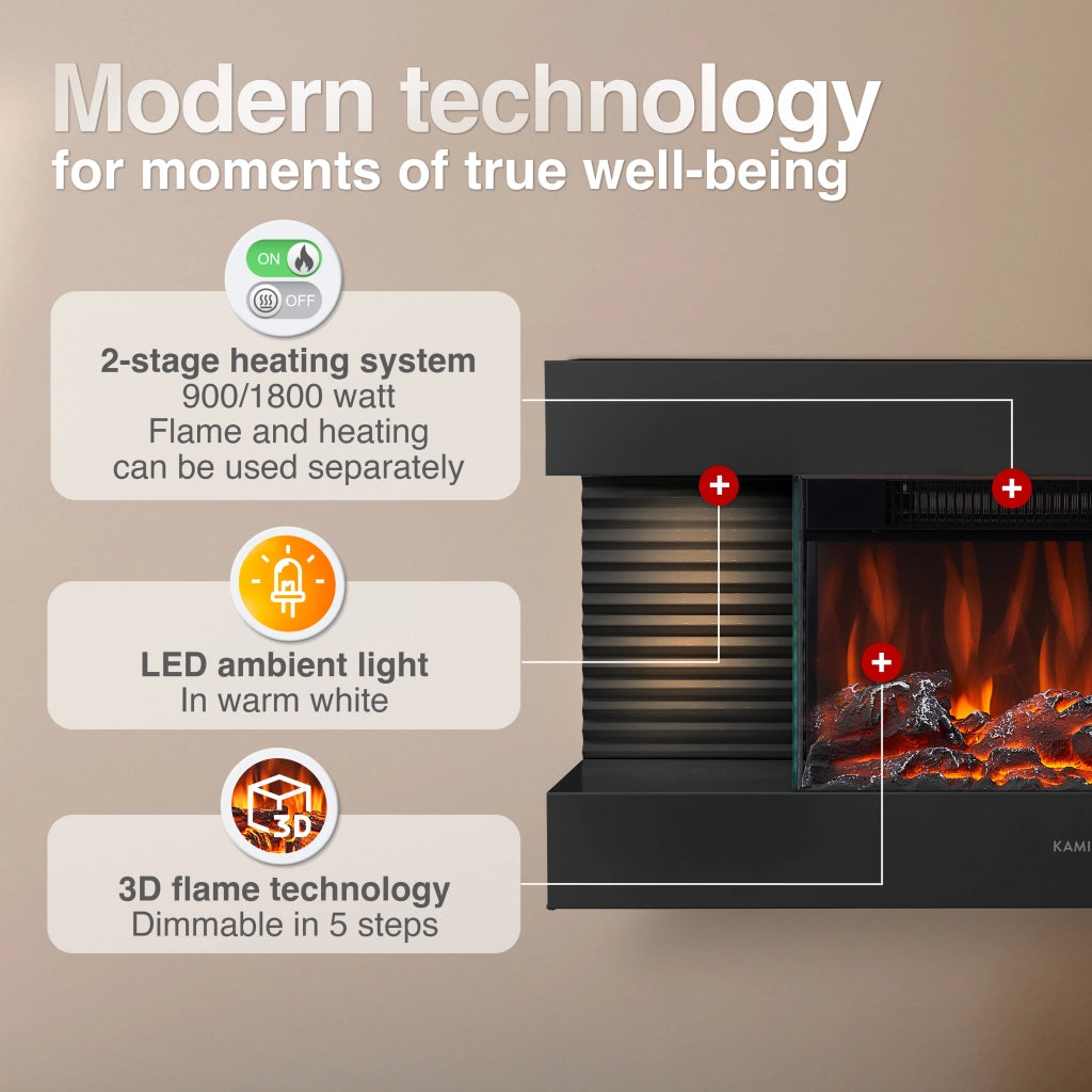 KAMINIO Camino elettrico LIZ - Camino elettrico da parete con riscaldamento, effetto fiamma 3D, luce ambiente a LED, telecomando - Nero