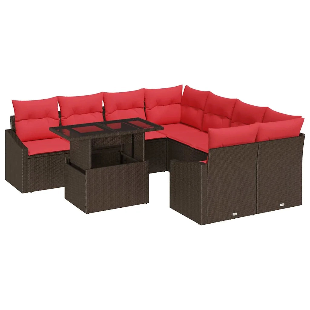 Set Divano da Giardino 9 pz Marrone e Rosso polyrattan 3348980