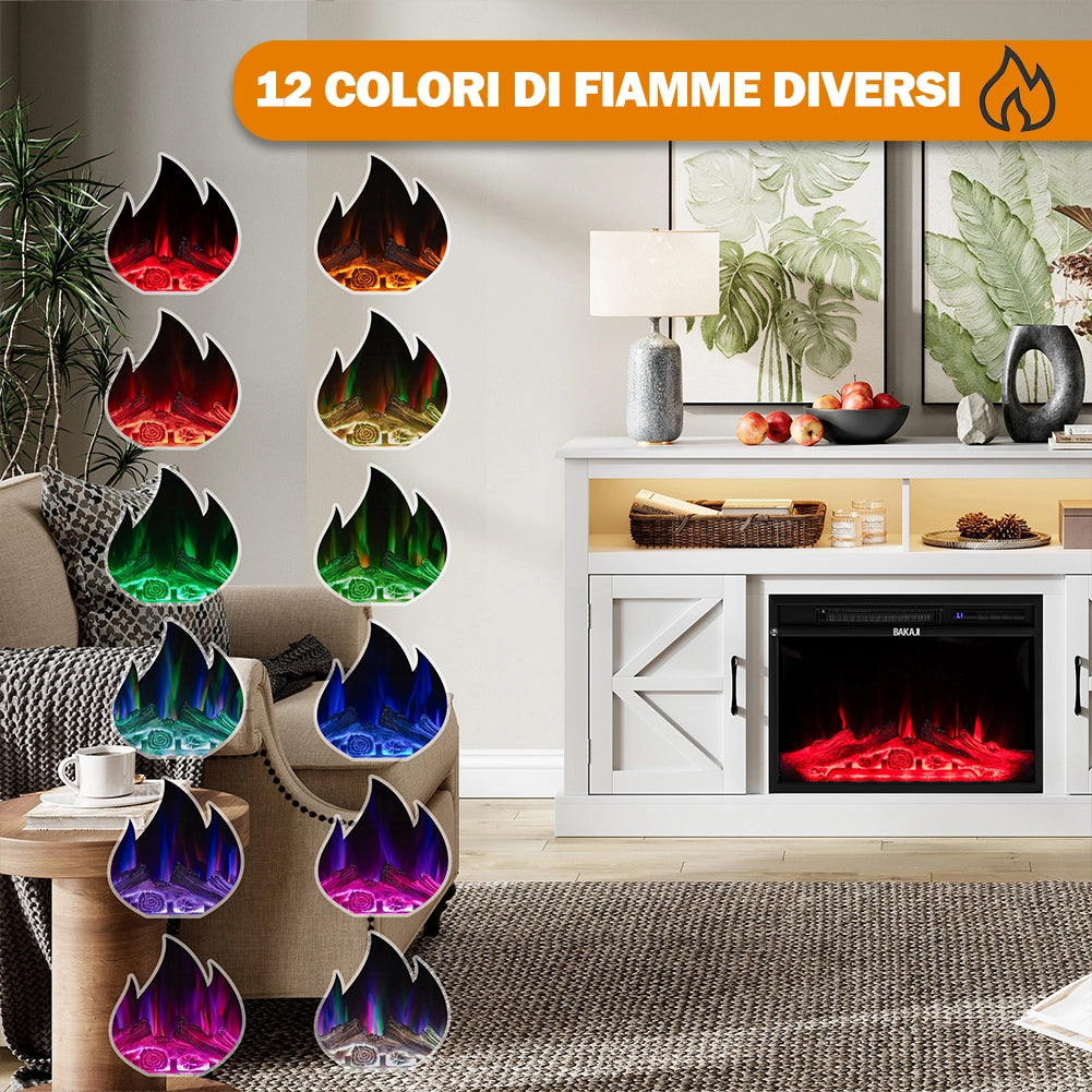 Mobile TV Bianco con Camino Elettrico Effetto Fiamma 3D e Telecomando Luci RGB