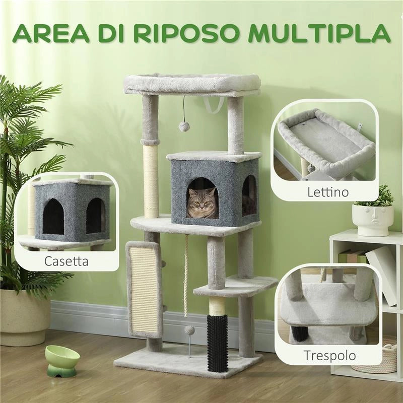 ALBERO PER GATTI MULTILIVELLO ALTO 132 CM CON CASETTA, LETTINO, PALI TIRAGRAFFI, SPAZZOLA E PALLINA, GRIGIO