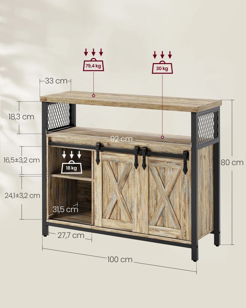 Credenza da pranzo 33 x 100 x 80 cm mobiletto da cucina ante scorrevoli ripiano regolabile stile industriale per soggiorno marrone rustico e nero 12_0004533
