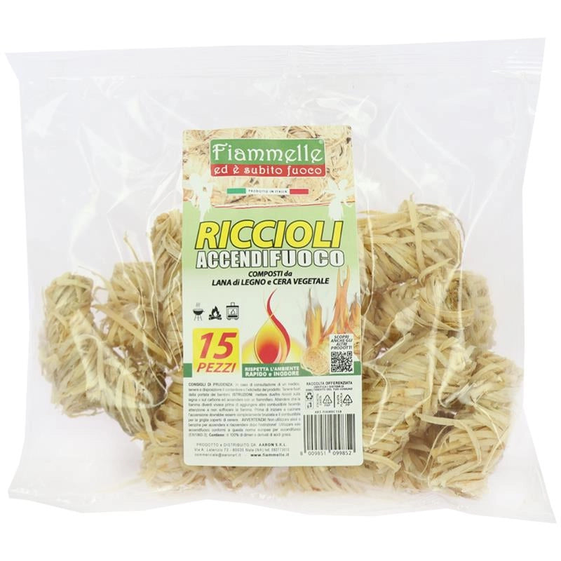RICCIOLI ACCENDIFUOCO LANA DI LEGNO E CERA VEGETALE RAPIDO E INODORE 15PZ