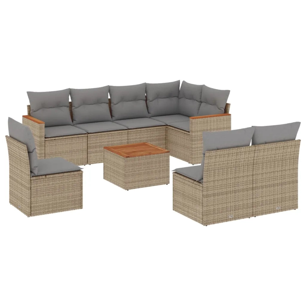 Set Divano da Giardino 9 pz con Cuscini Beige in Polyrattan