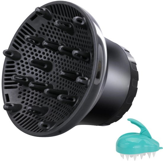 Diffusore per capelli ondulati e ricci - Accessorio per diffusore per capelli ondulati e ricci - Diffusore per capelli ondulati e ricci professionale - Regolabile da 3.55 cm a 6.6 cm - Resistente al calore - Incluso pettine per shampoo - Nero