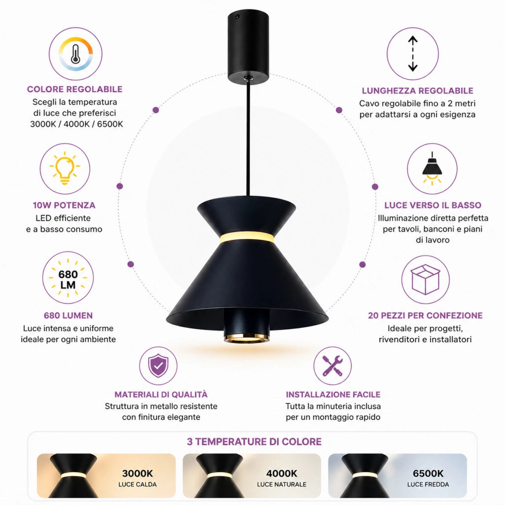 LAMPADARIO LED A SOSPENSIONE MODERNO NERO 10W DIMMERABILE CCT REGOLABILE LP021