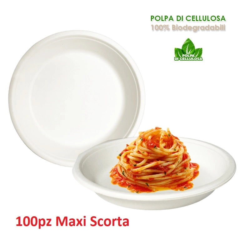 Piatti Monouso Fondo 100pz 21cm 100% Biodegradabili Bianco Casa Bar Ristorante