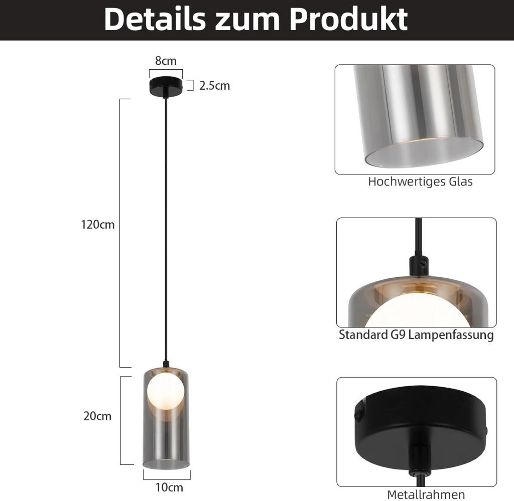 Lampada a sospensione ZMH per sala da pranzo nera 1 fiamma G9 in vetro vintage per camera da letto