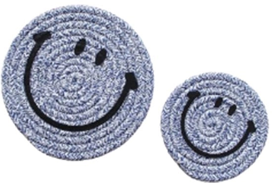 Onderzetters per 2 pezzi con faccia sorriso, per bicchieri, per tazze, per tazze da cocktail, per tazze per drink, con cavo in cotone a mano, colore blu marino, altezza 12cm+18cm