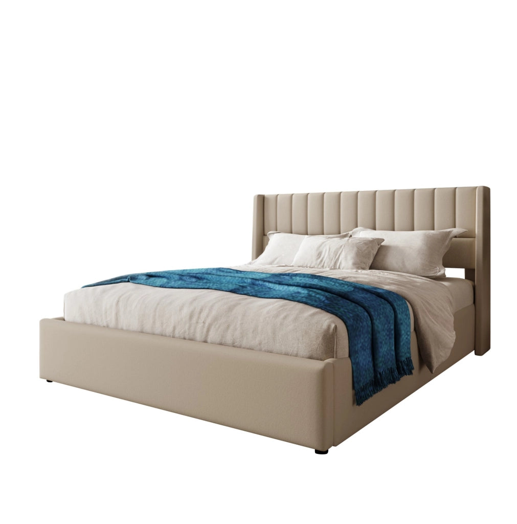 Letto matrimoniale imbottito con contenitore e sistema idraulico 160x200 cm; in lino beige