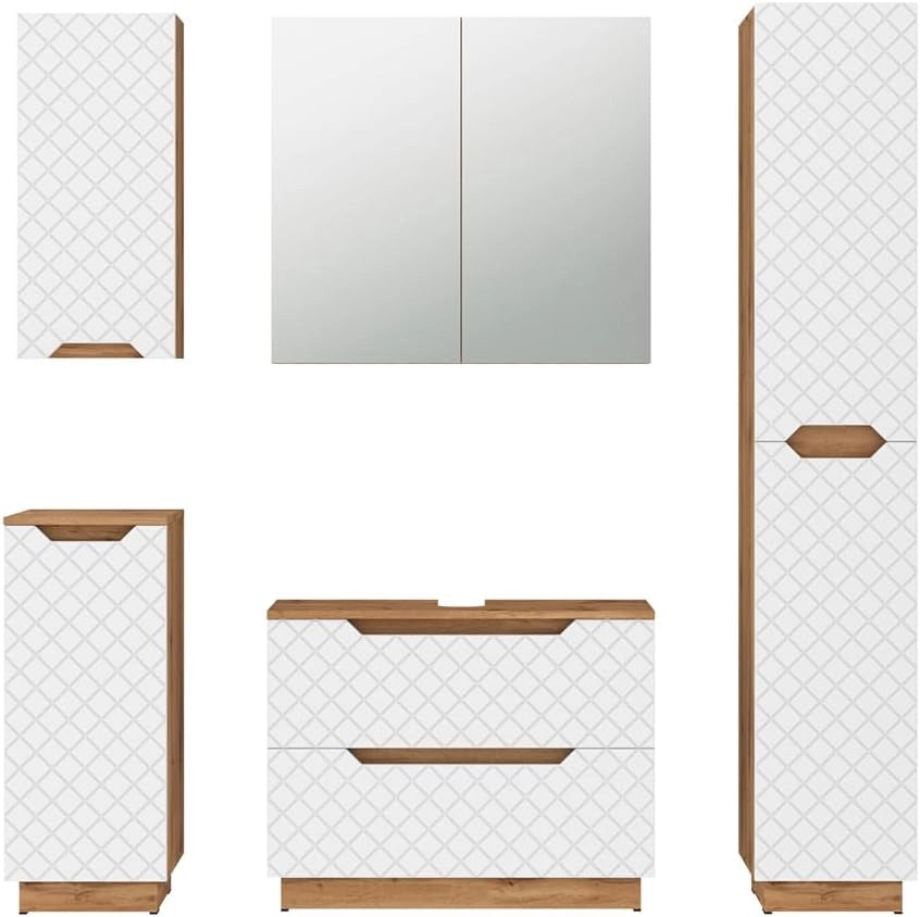 Set di mobili da bagno Lotta, Bianco, 79.6 cm, composto da mobile sottolavabo, specchiera, colonna, base media e pensile