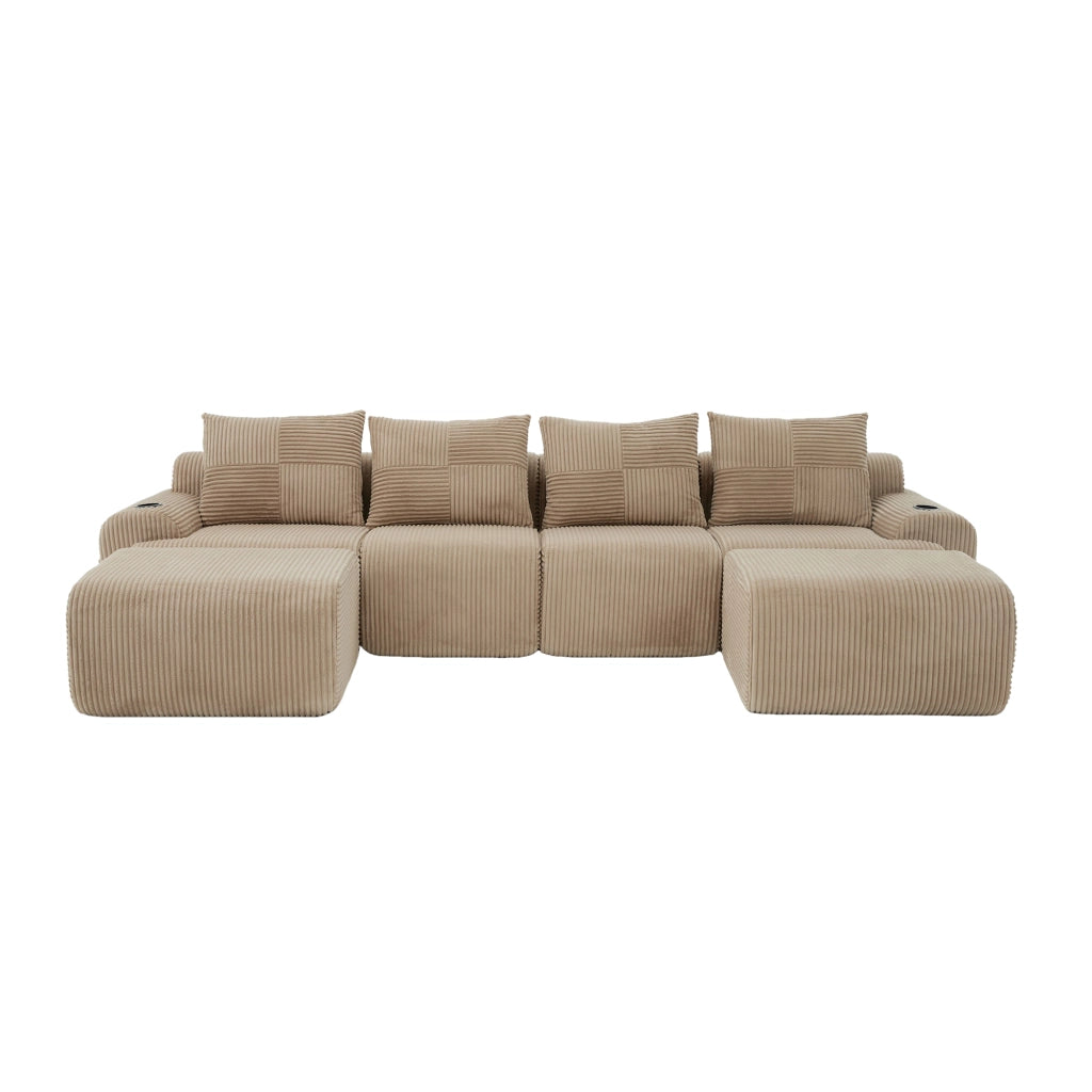 Divano Modulare 4 Posti con Poggiapiedi ¨C MINIMAL ¨C Tessuto, Beige/Khaki, con Portabicchieri