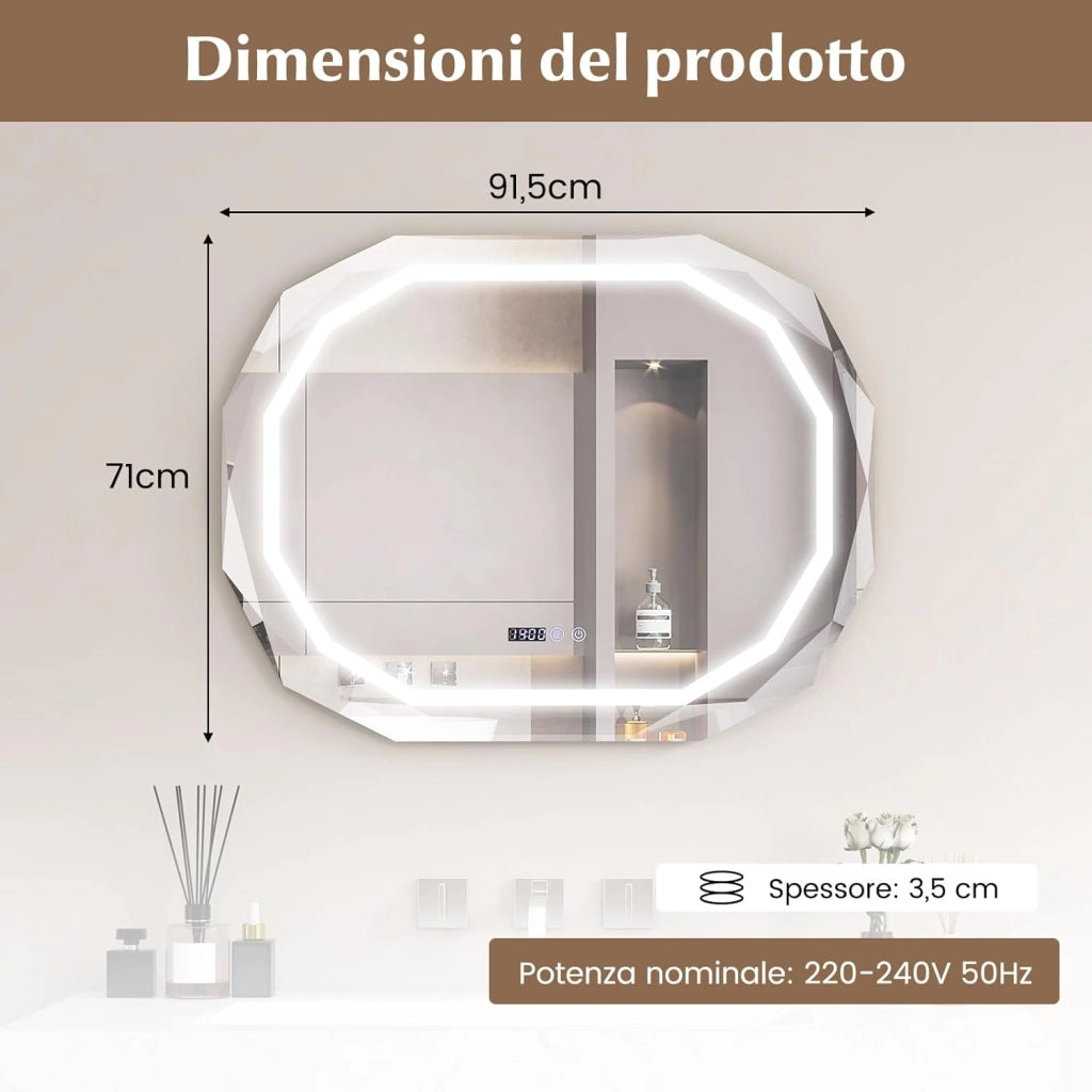 Specchio LED per Bagno 91.5 x 71cm, Specchio Antappannamento con Luce a 3 Colori, Funzione di Memoria Lettura di Tempo e Temperatura, Specchio Ellittico HD Antigraffio, IP44