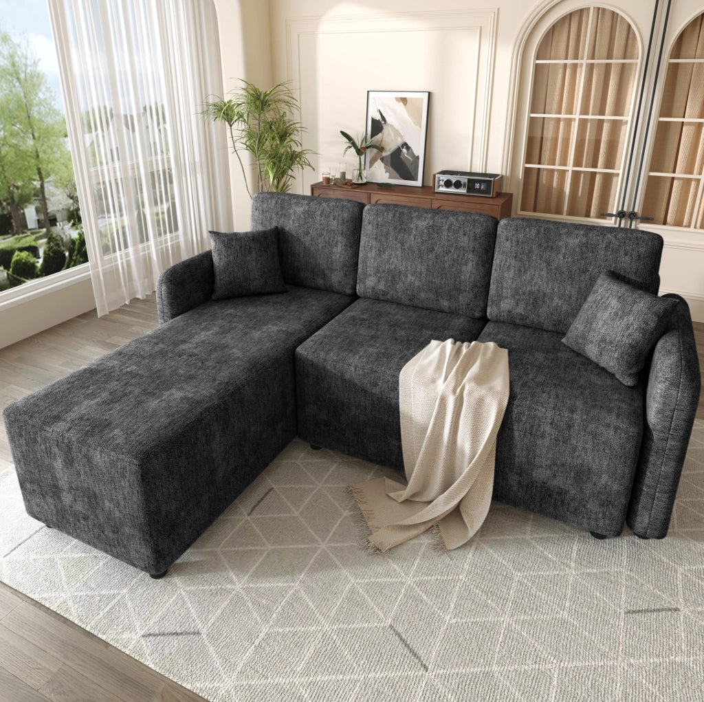 Divano angolare 3 posti a L in chenille nero; con chaise longue integrata e 2 cuscini