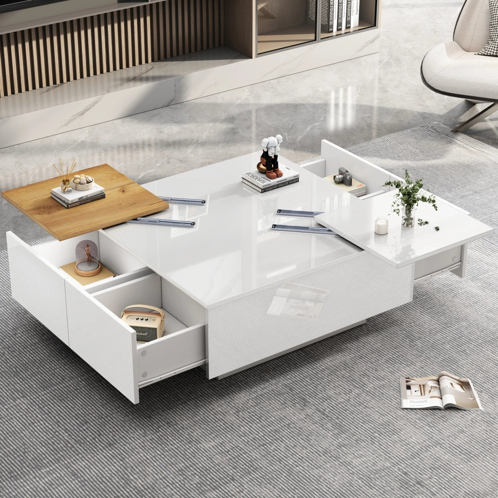 Tavolino da salotto quadrato 75x75x33;5 cm bianco lucido in pannello truciolare con 4 cassetti