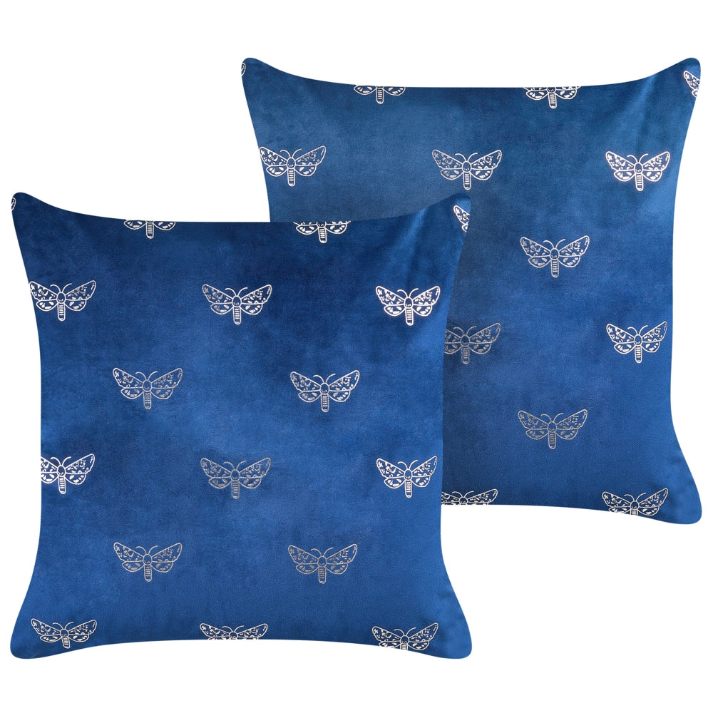 Set di 2 cuscini sparsi in velluto blu 45 x 45 cm Cuscino da lancio con motivo a farfalla Sfoderabile con imbottitura