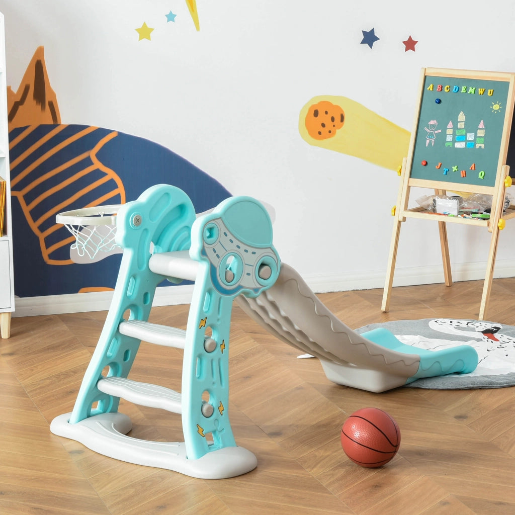 Scivolo per Bambini da 18 Mesi Pieghevole con 3 Scalini e Canestro Basket, Scivolo da Interno ed Esterno, 140x87x75cm, Blu e Grigio