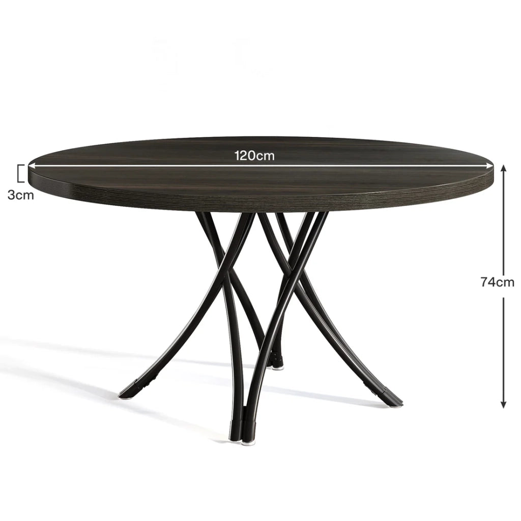 Tavolo rotondo classico nero da 120 cm per 4-6 persone, con gambe incrociate e montaggio semplice