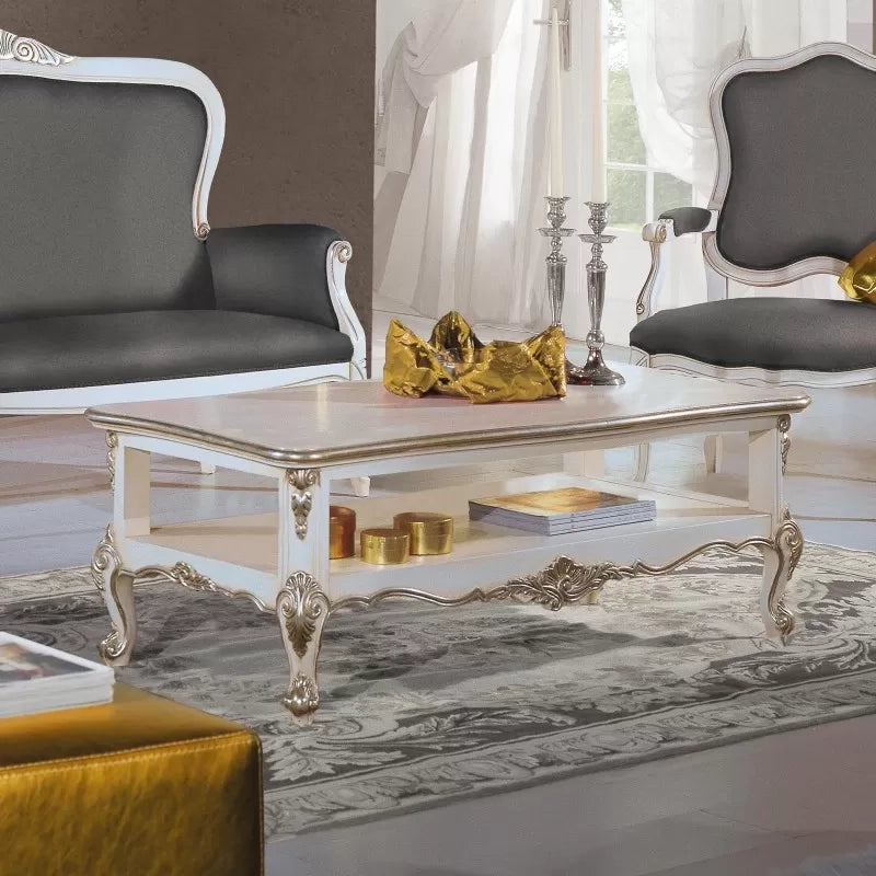 Tavolino classico legno shabby bianco argento 130x75x47 - Mobili 2G