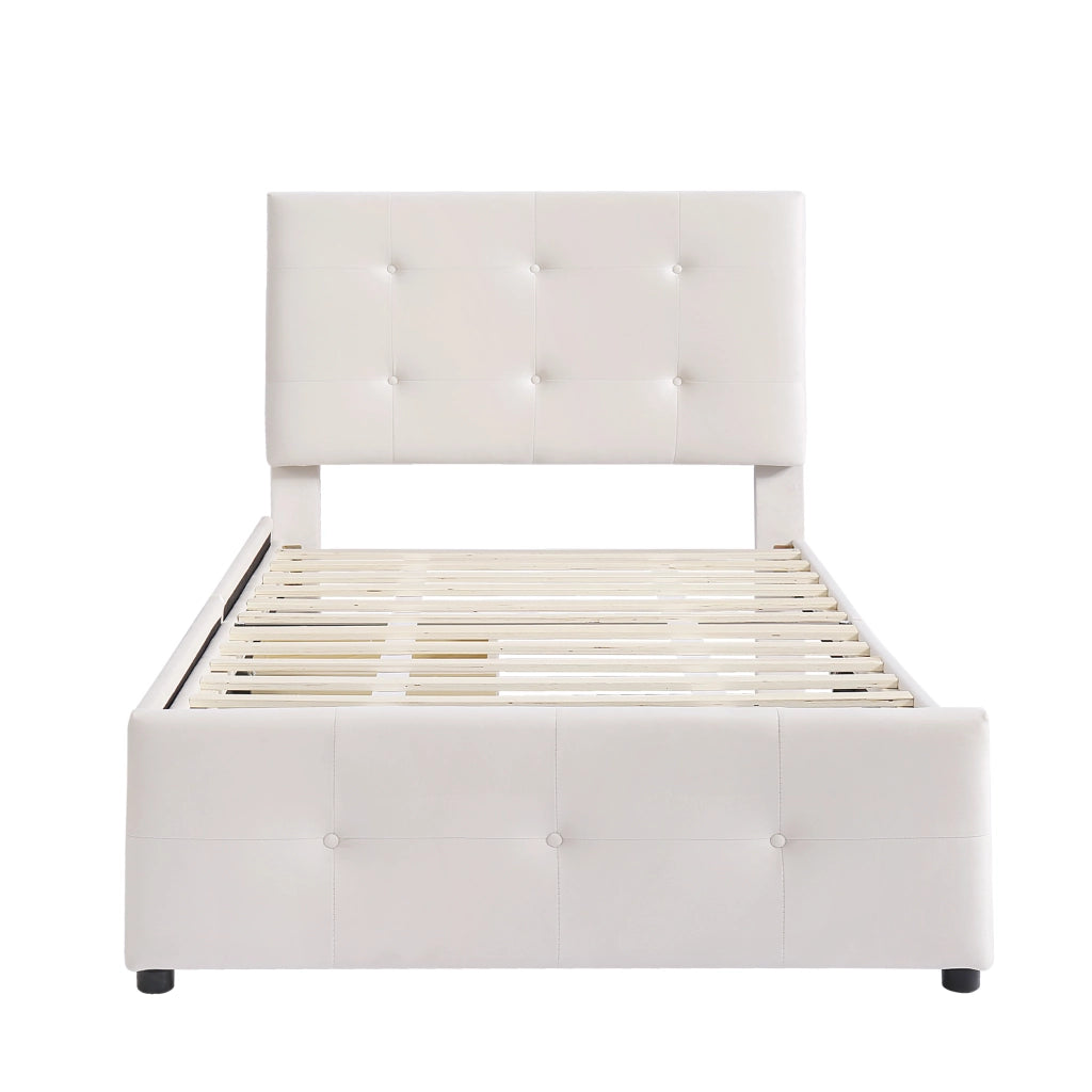 Letto imbottito con cassetti singolo 90×200 cm con rete e testiera; senza materasso; velluto; beige