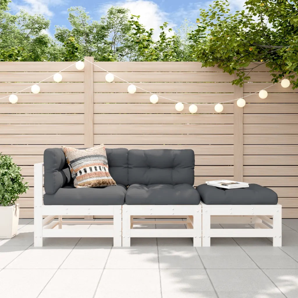 Set Divani da Giardino 3pz | Set Salotto da Giardino con Cuscini in Legno Massello Bianco