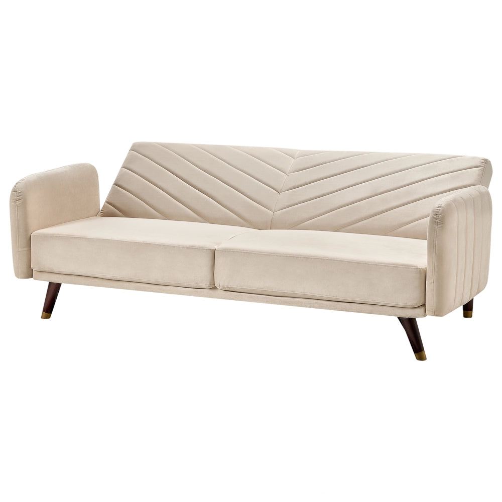 Divano Letto Tessuto Velluto Beige Soggiorno Retrò 3 Posti Gambe In Legno Bracci Pista
