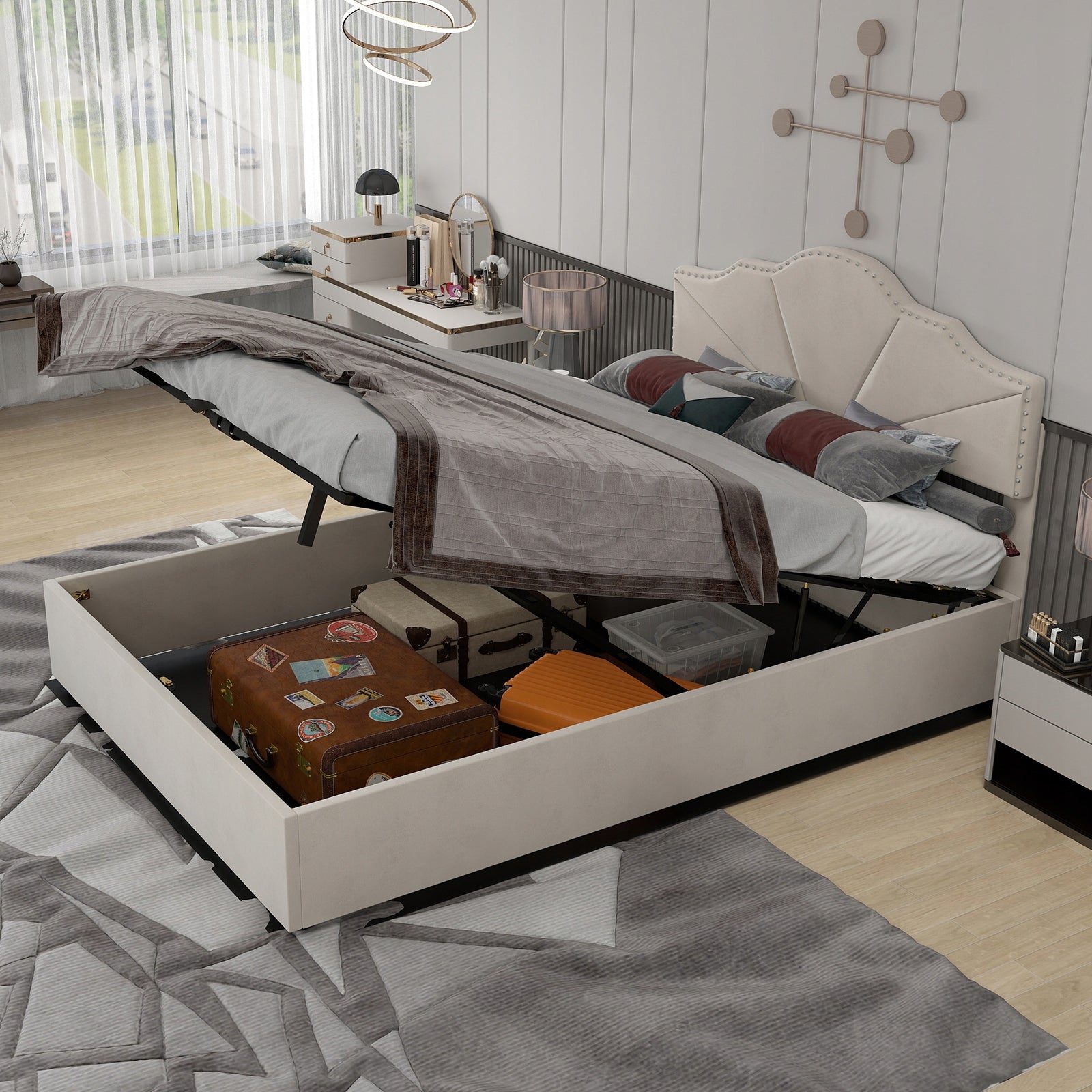 Letto imbottito 140x200 beige - Xylo - con struttura sollevabile