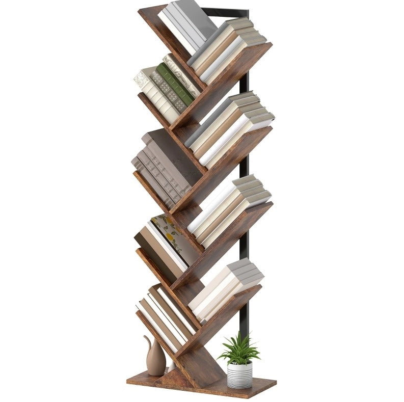 Libreria a 9 Ripiani a Forma di Albero in Acciaio, Marrone Rustico, 50x24x136 cm