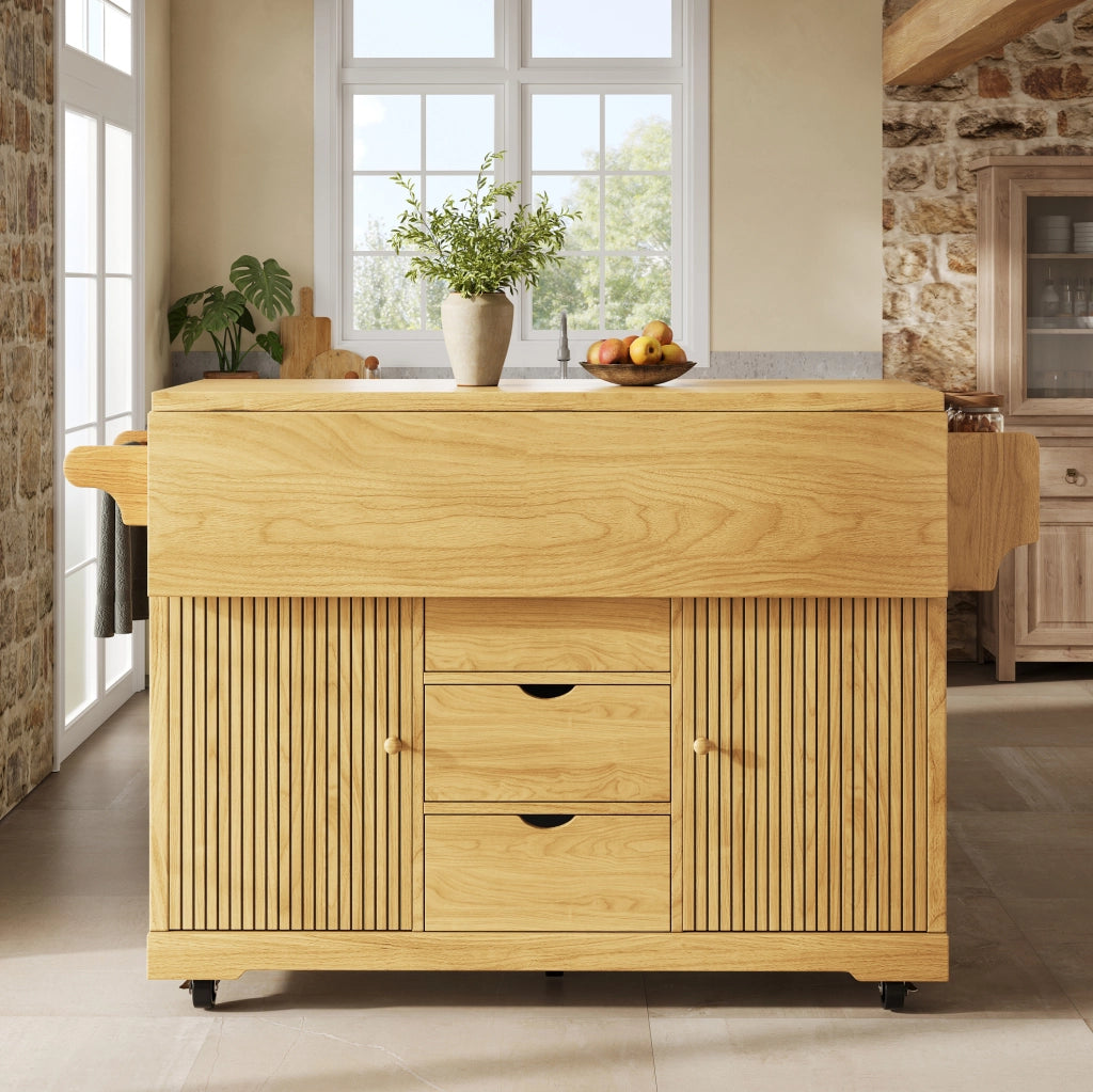 Isola da cucina mobile con piani ribaltabili, 3 cassetti, marrone
